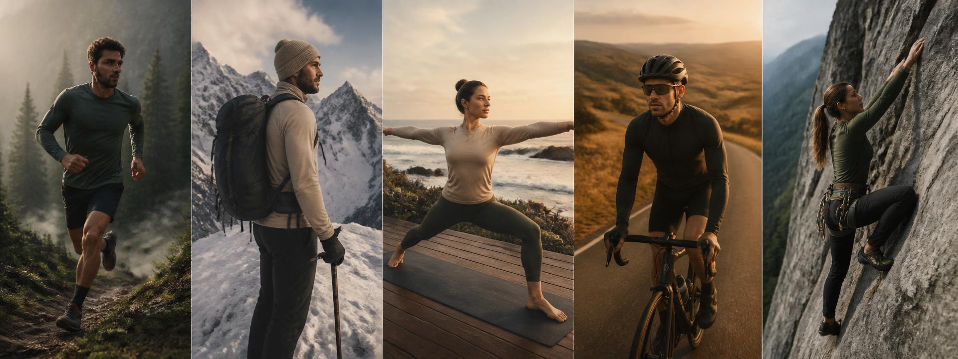 Athletes in premium Merino activewear across five disciplines: trail running, alpine hiking, yoga, road cycling and rock climbing