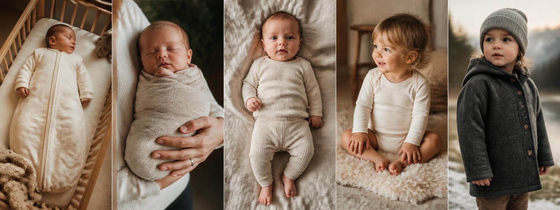 Premium Merino baby garments: sleeping bag, swaddle, base layer, bodysuit and boiled wool jacket